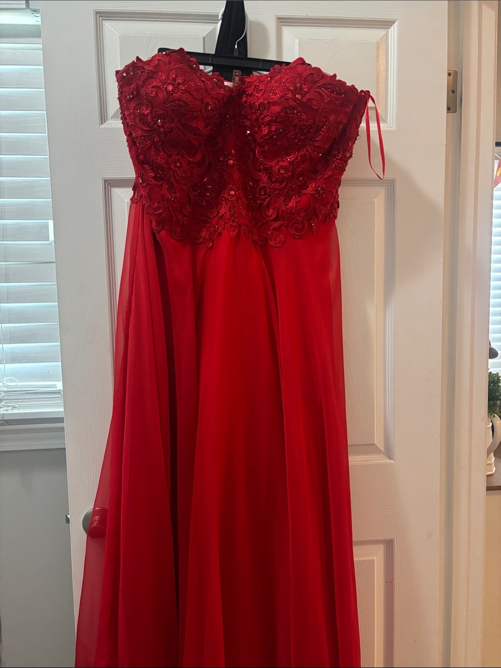 Mon Cheri Red Strapless Embellished Evening Gown